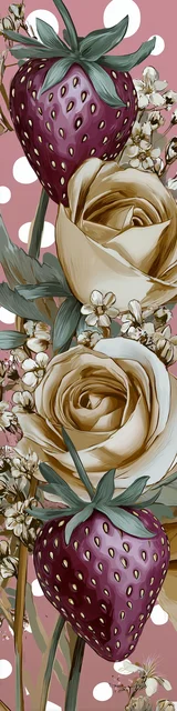 Free strawberry bookmark featuring raspberry color strawberries and beige roses